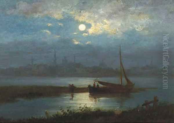 A moonlit riverlandscape with a town in the distance Oil Painting by Jacobus Theodorus Abels