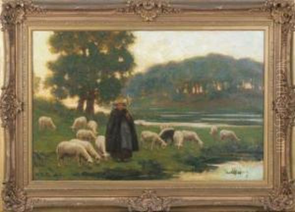 Bergere Et Son Troupeau Au Bord De La Riviere Oil Painting by Edmond Tapissier