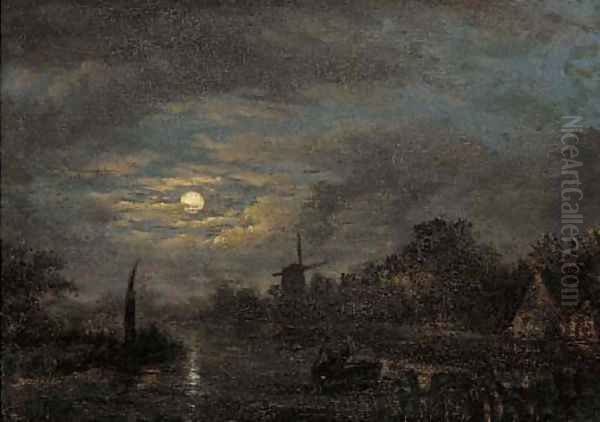 Boatmen on a moonlit waterway Oil Painting by Jacobus Theodorus Abels