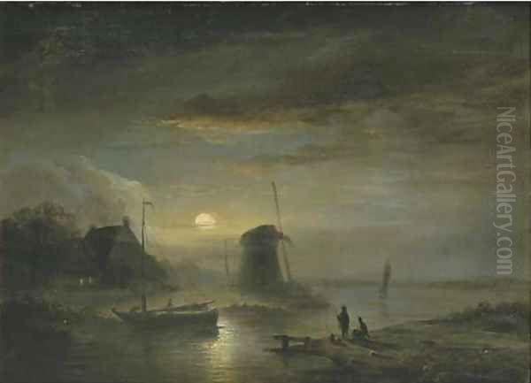 A moonlit river landscape Oil Painting by Jacobus Theodorus Abels