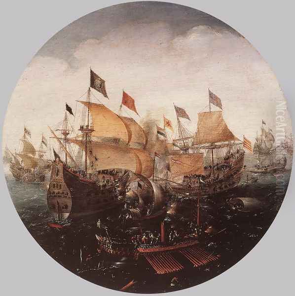 Sea Battle between Dutch and Spanish Boats 1604 Oil Painting by Aert Anthonisz