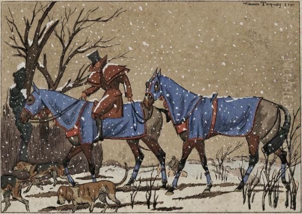 Horses And Hounds In Falling Snow Oil Painting by Maurice Taquoy