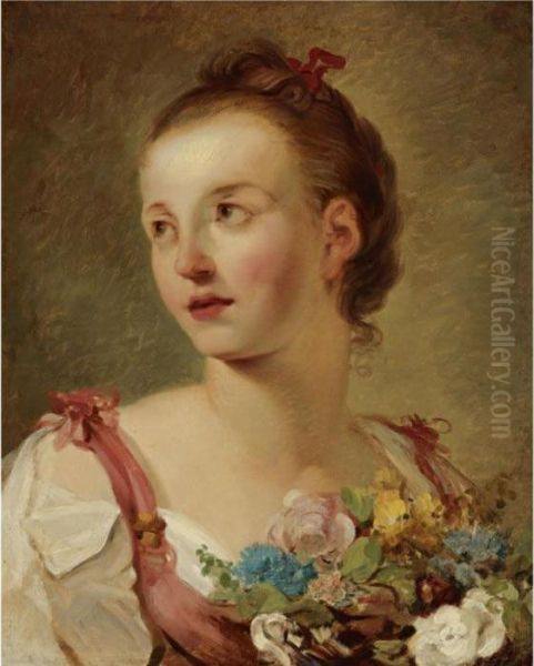 A Young Girl With Flowers Oil Painting by Hugues Taraval