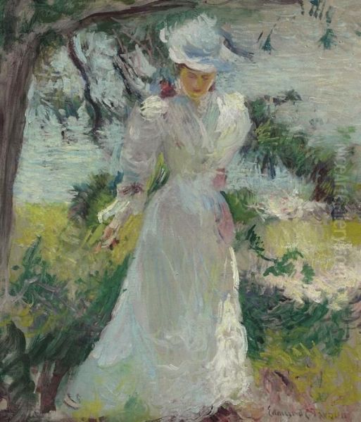 My Wife, Emeline, In A Garden Oil Painting by Edmund Charles Tarbell