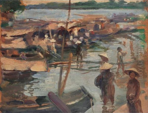 Market By The River Oil Painting by Victor Tardieu