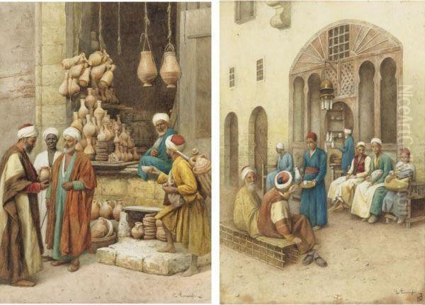 The Pottery Vender And The Tea Break Oil Painting by Enrico Tarenghi