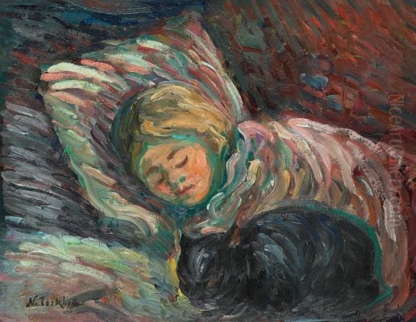 Girl With Cat Oil Painting by Nikolai Aleksandrovich Tarkhov