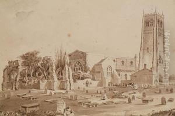 Lower Bridge Street, Chester, With Figures Andhorse And Cart, And Another Of St. John's Church Oil Painting by William Tasker