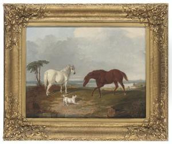 Two Hunters And A Terrier In A Landscape Oil Painting by William Tasker