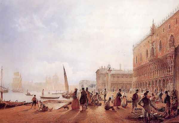 Figures On The Riva Degli Schiavone Oil Painting by Rudolf Ritter von Alt