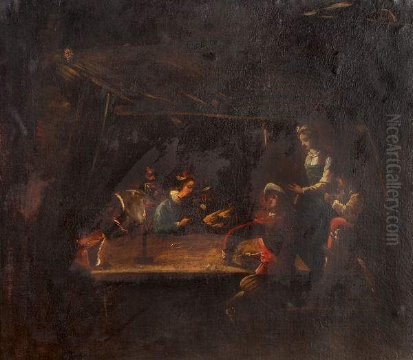 Figures In A Tavern Interior Oil Painting by Jean Tassel