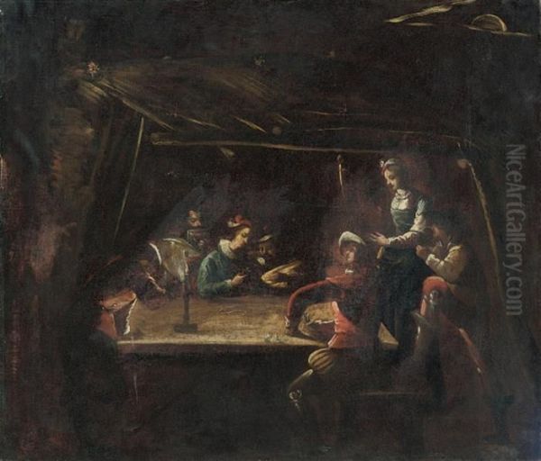 Figures Playing Cards By Candle Light In An Interior Oil Painting by Jean Tassel