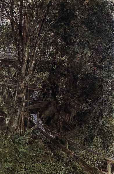 Figures on a Bridge over a Stream at Gastein Oil Painting by Rudolf Ritter von Alt