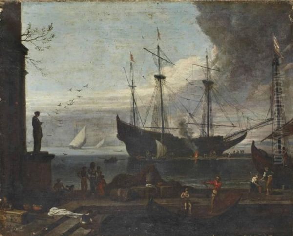 Bateau Dans Un Port Anime Au Crepuscule Oil Painting by Agostino Tassi