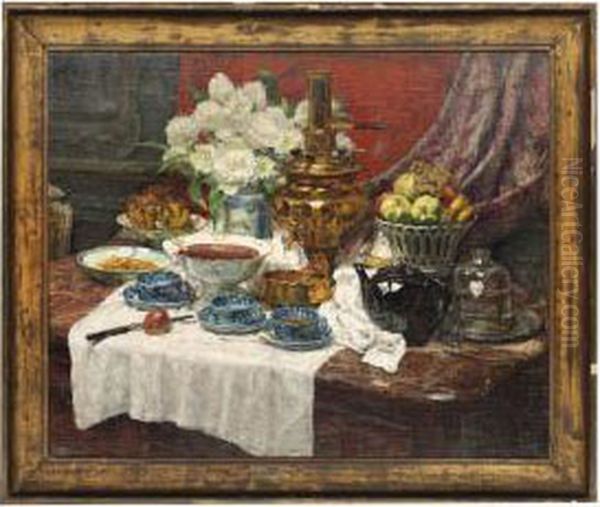 A Samovar With Fruit And Flowers Oil Painting by Pierre Maurice Tastemain