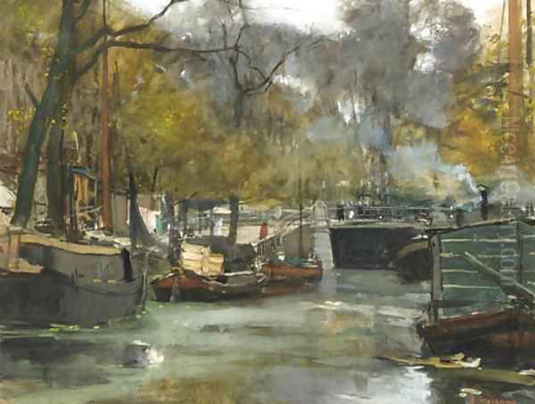 A canalscene in Groningen Oil Painting by Floris Arntzenius