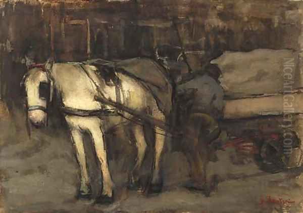 De zandkar man standing by a horse-drawn cart Oil Painting by Floris Arntzenius