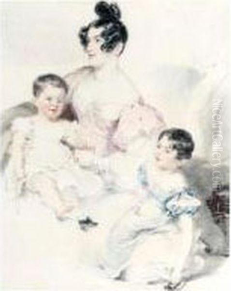 Portrait Of A Lady And Her Two Children Oil Painting by Frederick Tatham