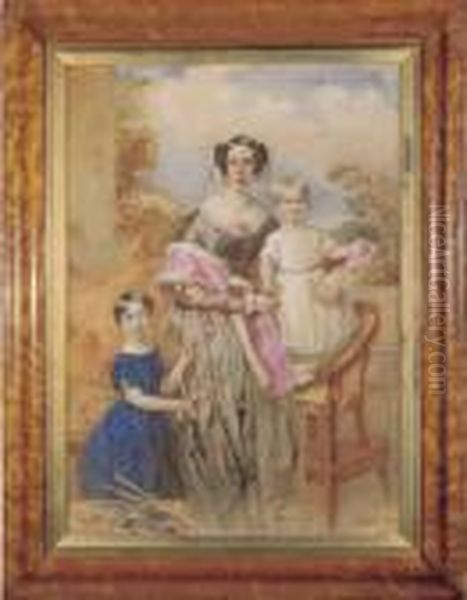 A Group Portrait Of A Mother With Her Two Children Standingthree-quarter Length On A Terrace. Oil Painting by Frederick Tatham