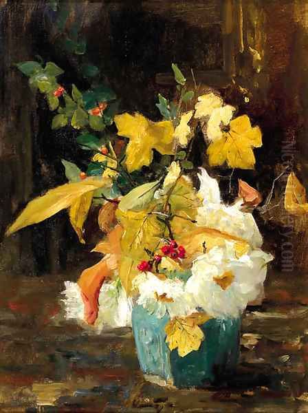 Autumn flowers in a ginger jar Oil Painting by Floris Arntzenius