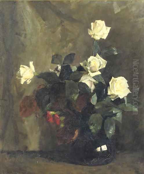 White rozes in a black vase Oil Painting by Floris Arntzenius