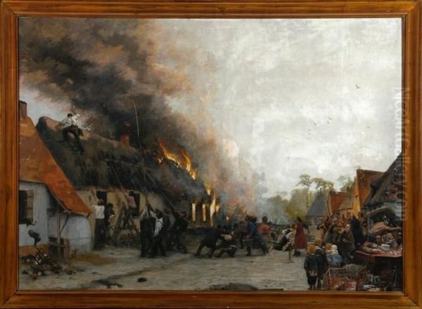 The Fire Is Loose. Signed. Dated 1893 Oil Painting by Francis Tattegrain