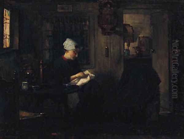 A Woman Seated Sewing In An Interior Oil Painting by Floris Arntzenius