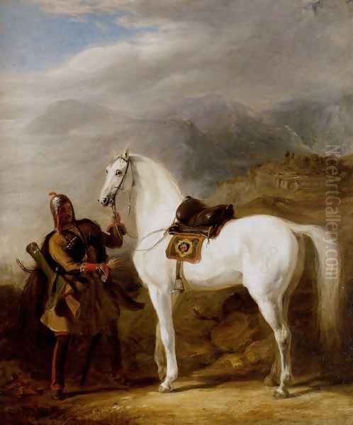 A Circassian chief preparing his stallion Oil Painting by Sir William Allan