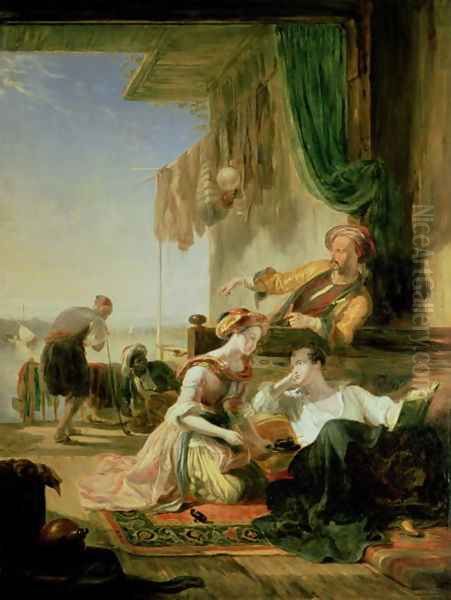 Lord Byron reposing in the house of a fisherman having swum the Hellespont, 1831 Oil Painting by Sir William Allan