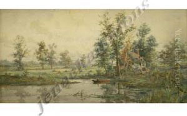 Panoramiclandscape With Farm Oil Painting by Adrien Aime Taunay