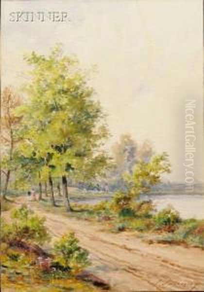 Path By The Lake. Oil Painting by Adrien Aime Taunay