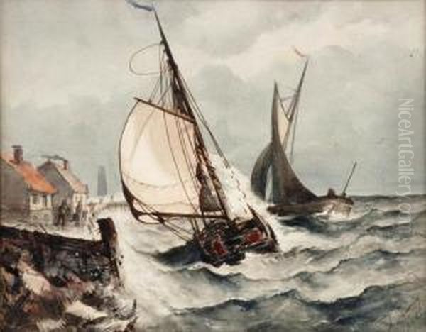 Smallsailing Vessels In Stormy Harbor Oil Painting by Adrien Aime Taunay