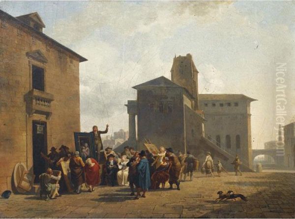 Vente Aux Encheres De Tableaux Sur La Place D'un Village Oil Painting by Nicolas Antoine Taunay