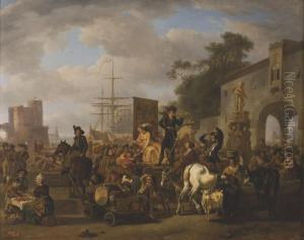 Scene De Marche Devant Un Port Oil Painting by Nicolas Antoine Taunay