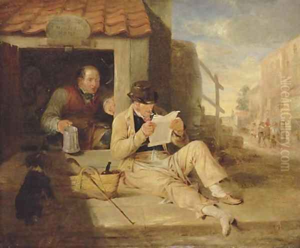 The cobblers Portrait of a man, small full-length, reclining reading a newspaper by a cobblers Oil Painting by Sir William Allan