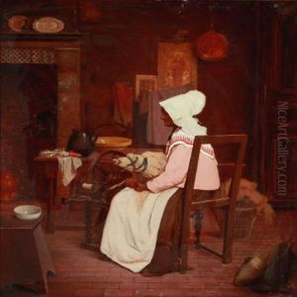 Interior With A Farmer's Wife At The Spinning Wheel Oil Painting by Henri Taurel