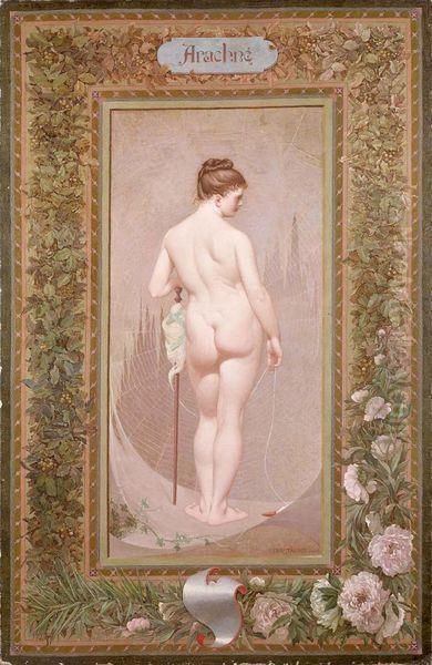 Arachne Dans Un Encadrement Floral En Trompe-l'oeil Oil Painting by Henri Taurel