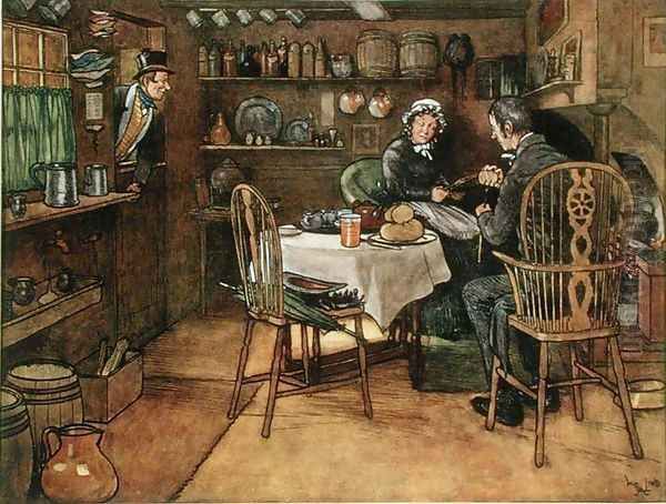 Sam Weller looks on his stepmother and Mr Stiggins (scene from 'Pickwick Papers') Oil Painting by Cecil Charles Aldin