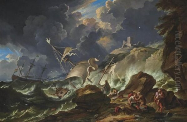 A Stormy Seascape With Dutch Shipping Being Wrecked Off The Coast Oil Painting by Carlo Antonio Tavella