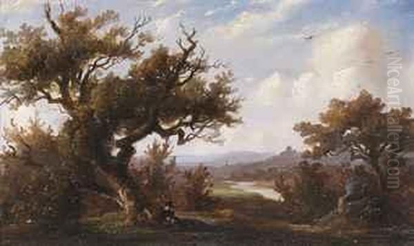 A Figure Resting In The Shade Of A Large Oak Tree Oil Painting by Johannes Tavenraat