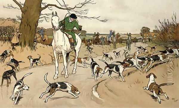 The Harefield Harriers - The check in the road Oil Painting by Cecil Charles Aldin