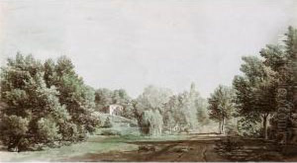 A Road Surrounded By Woodland In An Italianate Landscape Oil Painting by William Taverner