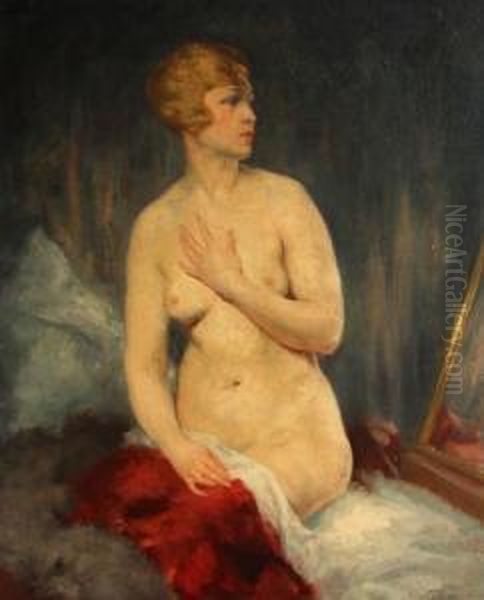 Nude With A Red Drape Oil Painting by Jules Tavernier