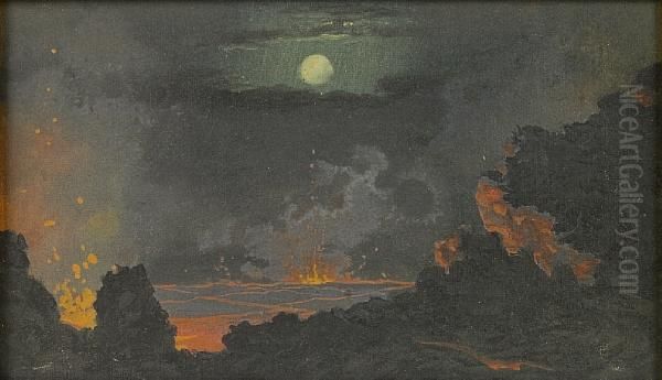 The Heart Of A Volcano Under A Full Moon Oil Painting by Jules Tavernier