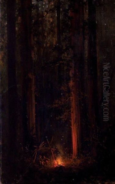 Campfire In The Redwoods Oil Painting by Jules Tavernier