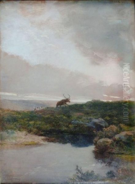 Cerfpoursuivi Par Des Chiens. Oil Painting by Paul Tavernier