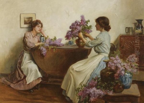 Women Arranging Flowers Oil Painting by Albert Chevallier Tayler