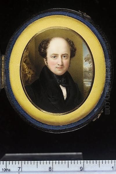 A Portrait Of The Artist's Brother, Edward (1804-69) Wearing A Black Coat, Waistcoat, Pleated White Chemise And Tied Black Stock, With An Open Window Behind Oil Painting by Charles Foot Tayler