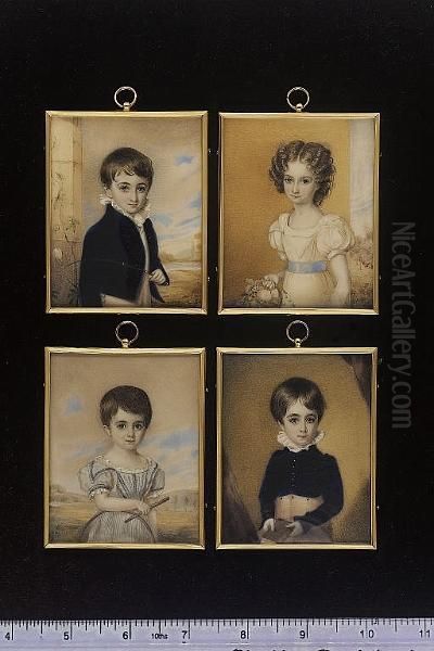 A Set Of Four Portraits Of Children; Two Boys Wearing Dark Blue Velvet Jackets, One Holds A Riding Crop In A Landscape Setting, The Other A Book; A Young Girl Wearing White Dress With Pale Blue Waistband, A Basket Of Flowers In Her Right Hand; And A Y Oil Painting by Charles Foot Tayler