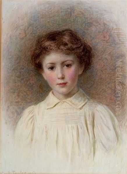 Portrait Of A Child Wearing Pleated White Collared Frock Oil Painting by Edward Tayler